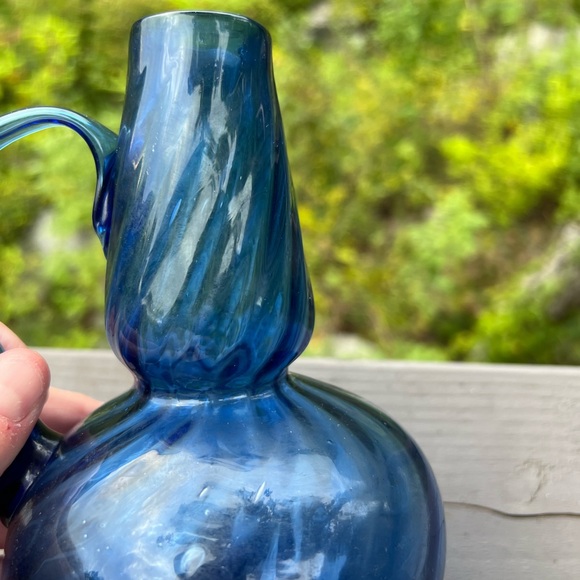 set of 2 vintage blue vases, blown glass swirl and stoneware - Picture 5 of 15